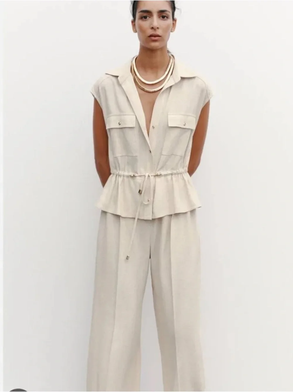 NWT Zara Linen Blend Summer Flowy Jumpsuit Sleeveless Drawstring Minimalist M